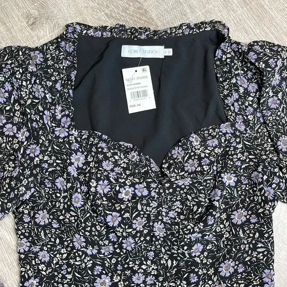 NORDSTROM FLORET STUDIOS Black Purple Floral Faux Wrap Dress Women’s Size XS